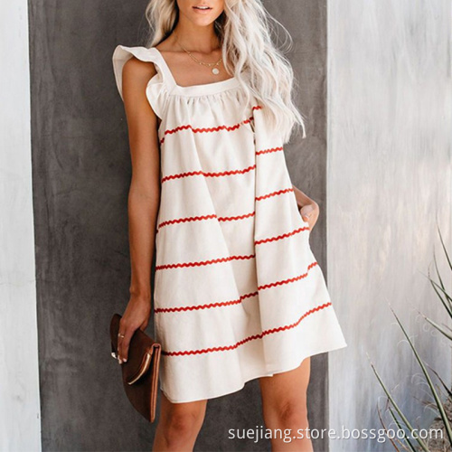 Knee-Length Summer Square Collar Ruffle Shoulder Dress